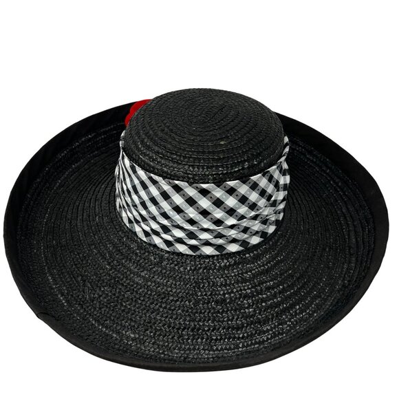 Whittall & Shon Womens Black‎ Wide Brim Hat Red Floral Derby Event - Picture 8 of 11
